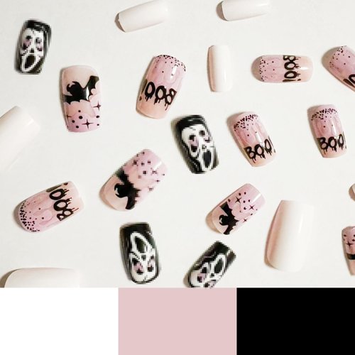 Halloween Press on Nails Short Square Fake Nails Scream Ghost Face Acrylic Nails Pink Blood Drop False Nails Bat Design Artificial Nails Full Cover Stick on Nails Glossy Glue on Nails for Women 24pcs
