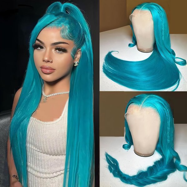 Msviki Light Blue Lace Front Wig Human Hair 13x4 HD Transparent Lace Frontal Straight Wigs Pre Plucked with Baby Hair Colored Lace Front Wig 180% Density Brazilian Remy Human Hair for Women 24inch