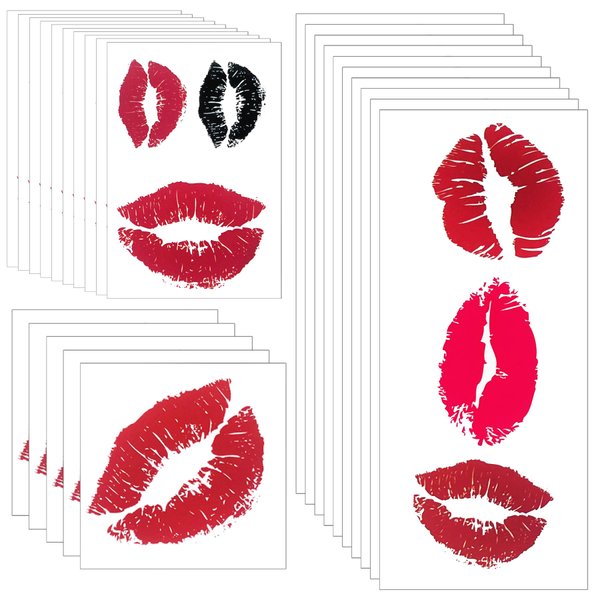 ZZXLLRO 25 Sheets (65Pcs) Red Lips Temporary Tattoo Stickers, Self-adhesive Fake Red Lips Tattoos, Water-proof Face Stickers for Adult Women Girls Face Body Valentine's Day Decorations