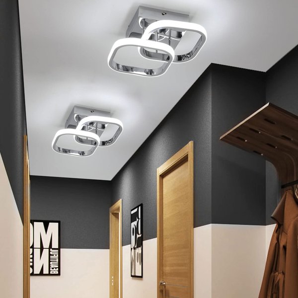 CANEOE Led Hallway Ceiling Light Fixtures, Square Modern Lamp, 6000K Chrome Finish Indoor Lighting Fixture for Living Room Bedroom Kitchen Bathroom Lights