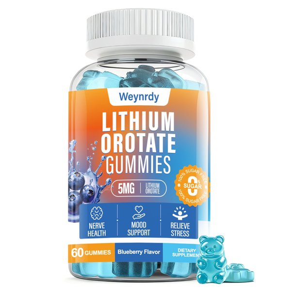 Lithium Orotate 5mg Gummies for Adults and Kids, Low-Dose Chelated Lithium Orotate for Mood Support & Cognitive Improvement, Sugar-Free, Non-GMO, Gluten-Free, Vegan-Friendly, Blueberry Flavor, 60