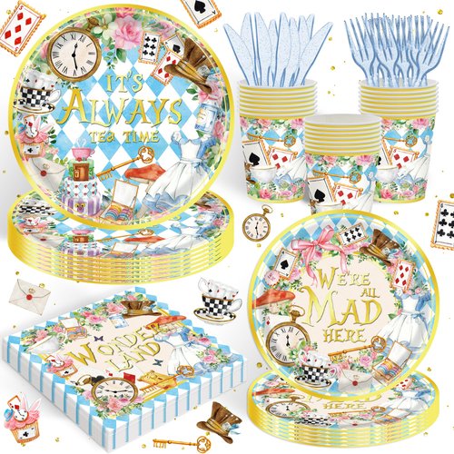 120PCS Wonderland Themed Party Supplies for Girls Kids Birthday Party Decorations Tea Party Disposable Tableware Set Plates Napkin Cups Set for 20 Guests