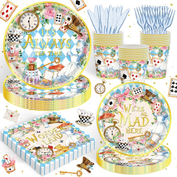 120PCS Wonderland Themed Party Supplies for Girls Kids Birthday Party Decorations Tea Party Disposable Tableware Set Plates Napkin Cups Set for 20 Guests