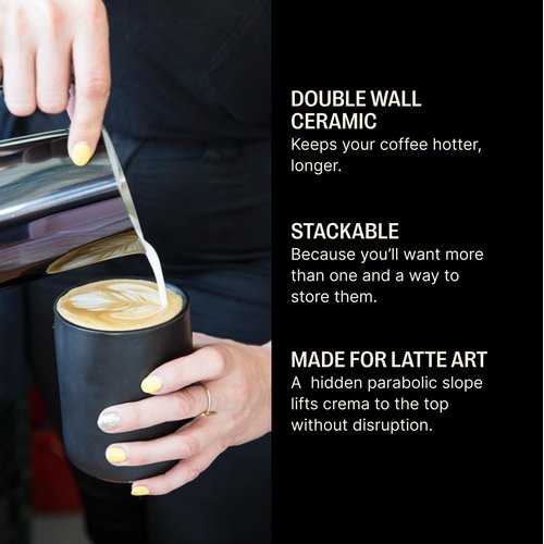 Fellow Monty Milk Art Cups - Double Wall Ceramic Latte Mug, Matte Black with Graphite Base, 11 oz Cup
