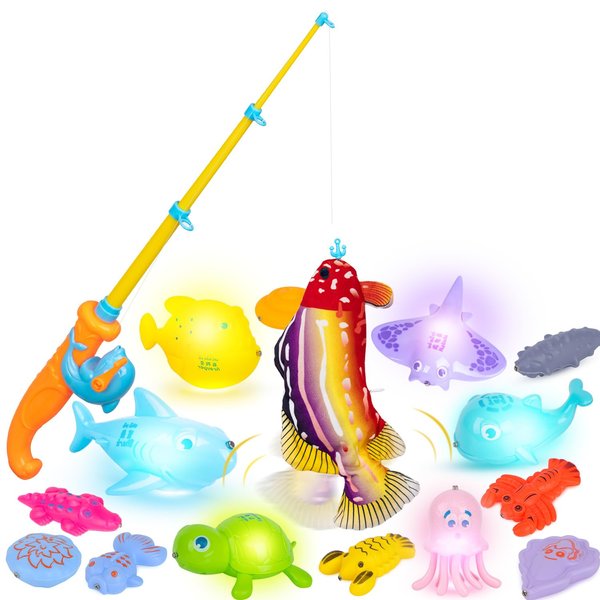 Toddler Fishing Game Kit,LA KEN DU 15PCS Magnetic Fishing Games for Kids 3-5,Fishing Toys for Toddlers 4-8 (Include 1 Floppy Fish/6 Luminous Fish/8 Magnet Fish)