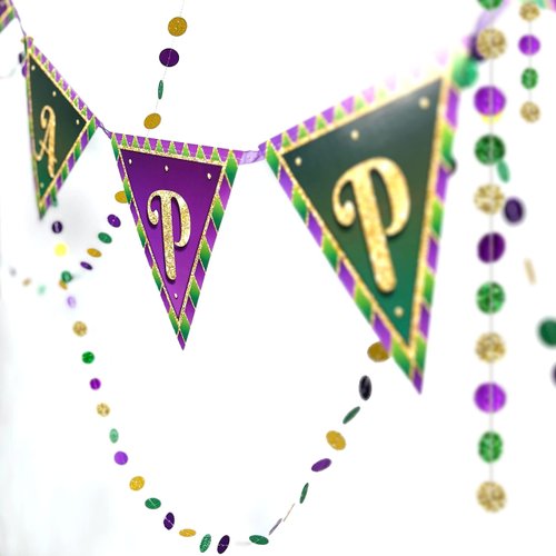 Cheerland Green Purple Gold Happy Birthday Banner and Paper Bead Garland Set for Mardi Gars Theme Birthday Decoration Triangle Flag Bunting for Mardi Gras Party Supplies New Orleans Decorations