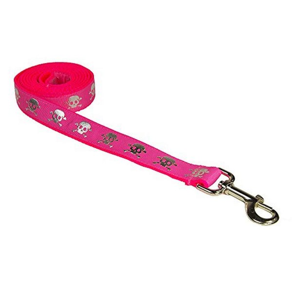 Small Pink Reflective Skull Dog Leash: 3/4" wide, 4ft length - Made in USA.