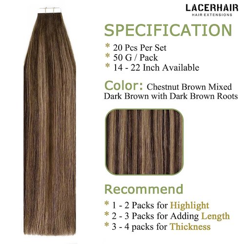 Lacer Ombre Tape in Hair Extensions Human Hair Chestnut Brown Mixed Dark Brown with Dark Brown Roots Seamless Double Sided Skin Weft Natural Hair Tape in Extensions 20 Inch 50g 20pcs