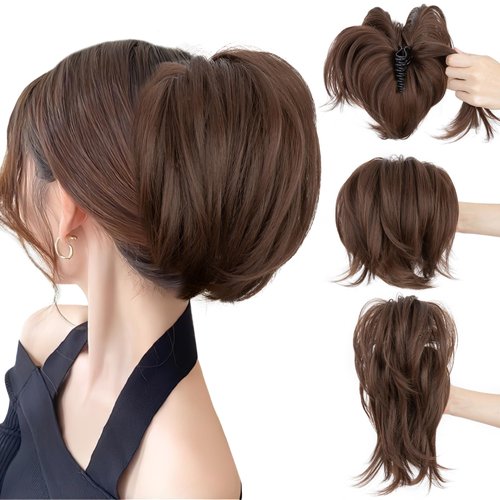 SEGO Claw Clip Messy Bun Hair Piece Short Ponytail Extension With 4 Bendable Metals DIY Synthetic Fake Hair Bun For Women 8 Inch-#10B Medium Brown