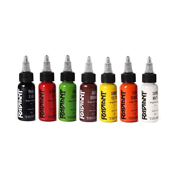 Tattoo Ink Set - Radiant Colors 8 Primary 1oz / Tribal Black/Super White/Blue/Canary Yellow/Dark Brown/Scarlet Red/Tiger Orange/Medium Green