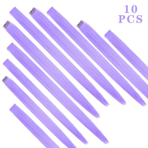 Light Purple Hair Extensions Clip In Neon Hair Extension Hairpieces Party Highlights Synthetic Halloween Hair Accessories Colored Straight Extension Clip Ins for Kids Girls 22" 10pcs