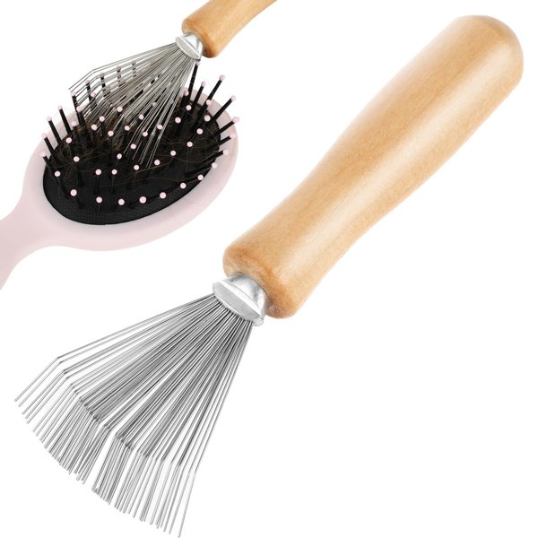 Andibro Hair Brush Cleaner Tool, Comb Cleaning Brush Rake Design Brush Cleaner Wooden Handle Hair Remover Mini Hair Instrument for Removing Hairs Dust Dirt Lint Home Salon