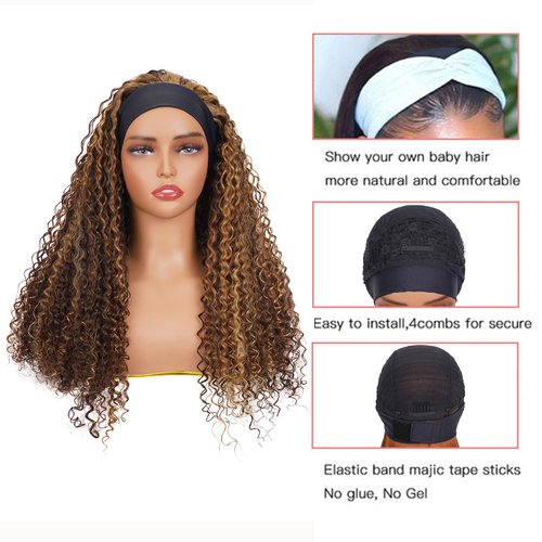 P4/27 Highlight Curly Headband Wig Human Hair 16 Inches Human Hair Headband wig Kinky Curly None Lace Front Wigs Human Hair Wig for Black Women Wear and Go Wig 150% Density wig（P4/27,JC,16Inch)