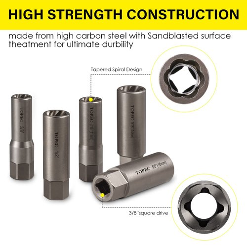 Topec 5-Piece Spiral Type Deep Extractor Set, Spark Plug Easy-out Set, for Removing Deeply trapped and Broken Bolts, Studs, Fittings, Threaded Pipes and Pins