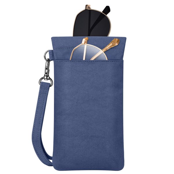 Fintie Double Eyeglasses Pouch with Carrying Strap, Portable Squeeze Top Microfiber Soft Glasses Case Sunglass Pouch, Navy
