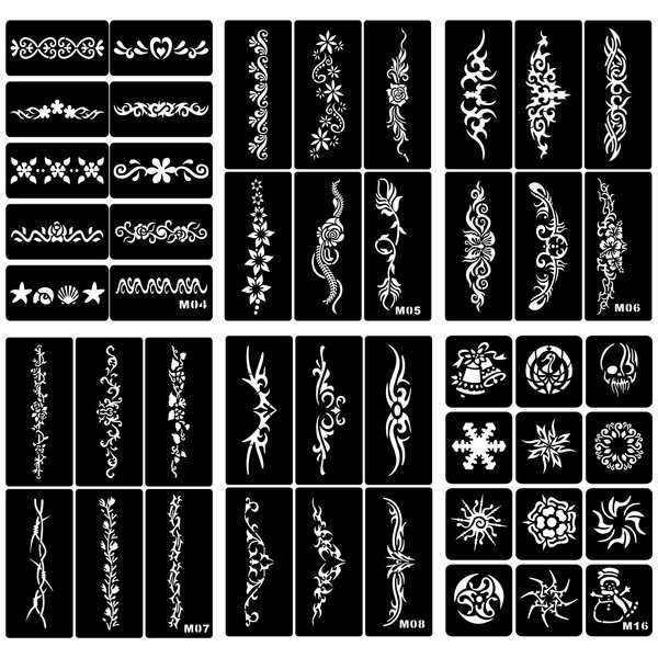 Temporary Tattoo Stencils Kit for Girls and Women - 6 Sheets, A4 Size, Thorn and Totem Patterns Henna Stencil - Glitter Henna Face and Body Paint Stencils
