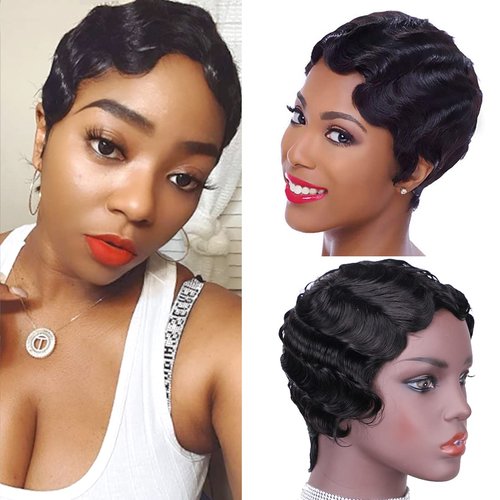ZHENLISI Short Mommy Hair Wig Pixie Cut Human Hair Wigs Brazilian Human Hair Wig for Black Women Color Black Ocean Finger Wave Wig(1B#)