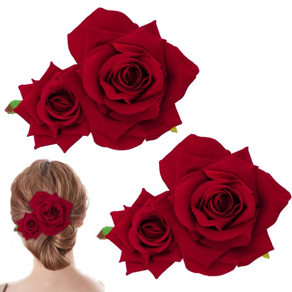 WHAVEL 2 Pack Flannel Rose Hair Clip, Flower Hair Pins Bridesmaid Flower Hair Clips Bridal Hair Accessories for Women Halloween Wedding Party (Red)