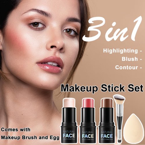 3Pcs Cream Contour Stick Makeup Kit, Shades with Highlighter Stick, Blush Stick and Bronzer Contour Stick for Sculpt the Cheeks, Long Lasting, Waterproof, Matte & Dewy Finish (LIGHT MEDIUM)