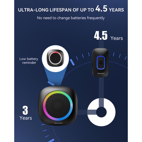 TECKNET Wireless Doorbell, Portable Doorbell with RGB Light, Battery Powered IP66 Waterproof Cordless Door Chime Kit, 1300 ft Wireless Range, 60 Chimes & 5 Level Volume, Using Time up to 4.5 Years