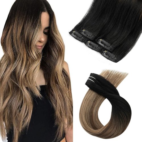 FUBILI Clip in Human Hair Extensions Balayage Natural Black to Chocolate Brown Mix Caramel Blonde Ombre Real Hair Clip on Extensions 20 Inch Natural Hair Extensions 30g 5Pcs