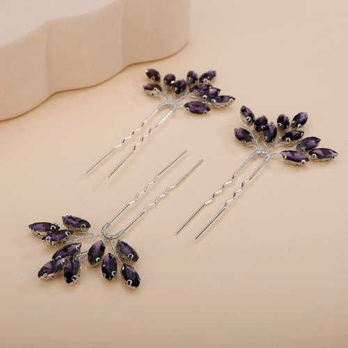 Rumtock 3pcs Handmade Purple Crystal Hair Pins for Women Girls Special Occasion Wedding Bridal Hair Accessories Hair Piece Jewelry (Purple)