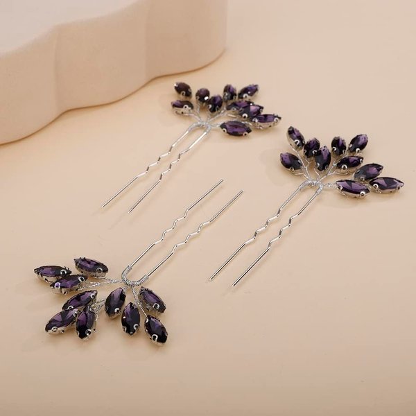 Rumtock 3pcs Handmade Purple Crystal Hair Pins for Women Girls Special Occasion Wedding Bridal Hair Accessories Hair Piece Jewelry (Purple)