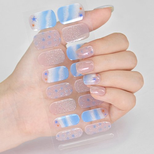 SILPECWEE Semi Cured Gel Nail Strips (Leisure Beach - 16 PCS), French, Rainbow Gel Nails Stickers Full Nail Wraps Need UV Light, Salon Quality & Easy to Use - with Prep Pads, Files, Wood Stick