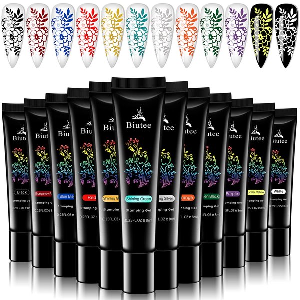 Stamp Nail Polish Gels, 12 Colors Stamping Gels Black White Glitter Green/Silver/Golden for Nail Stamp Plate Stamper