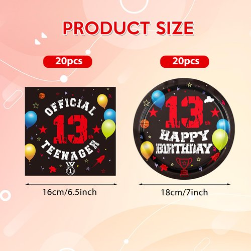 13th Birthday Decorations for Boys Red Black 13th Birthday Party Supplies Plates Napkins Set Disposable official 13 teen Party Supplies for Kids Boys Teenager Favors