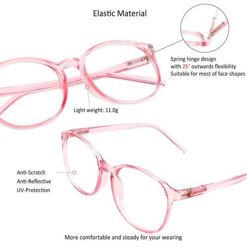 VisionGlobal Blue Light Blocking Glasses for Women/Men, Anti Eyestrain, Stylish Oval Frame, Anti Glare (Clear Pink, 1.00 Magnification)