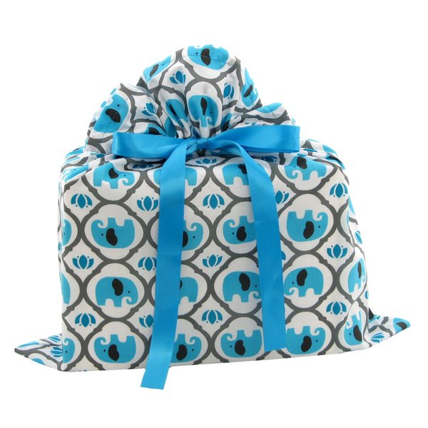 VZWraps Elephants Reusable Fabric Gift Bag for Baby Shower, Child’s Birthday, or Any Occasion (Medium 17 Inches Wide by 18.5 Inches High, Turquoise Blue)