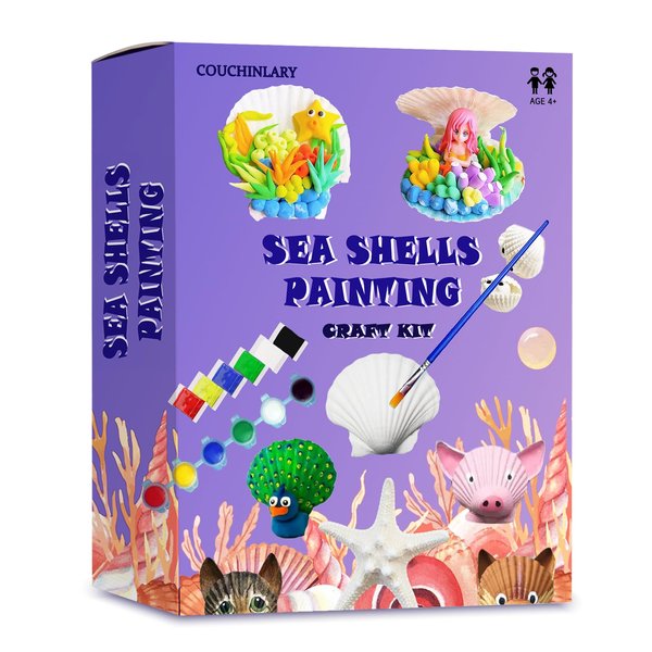 COUCHINLARY DIY Natural Sea Shells Painting Kit Starfish for Kits Children Arts&Crafts Kits Presents Gifts for Girls Boys Age 4+ Year Old 4-12 DIY Painting with Watercolor Paints