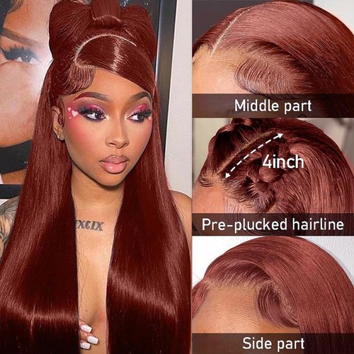 Jiumido Reddish Brown Lace Front Wigs Human Hair 13x4 HD Straight Lace Front Wigs 180% Density Copper Red Lace Front Wig Auburn Brown Human Hair Pre Plucked (26 Inch)