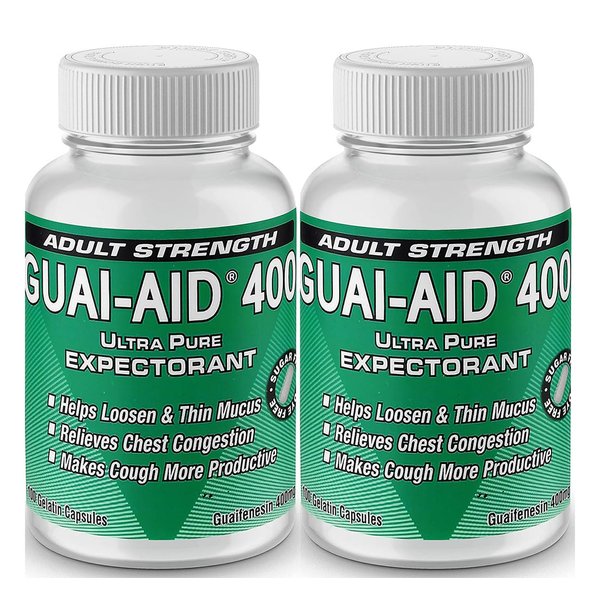GUAI-AID 200 400mg Ultra-Pure Guaifenesin Capsules (2 Bottles of 100)