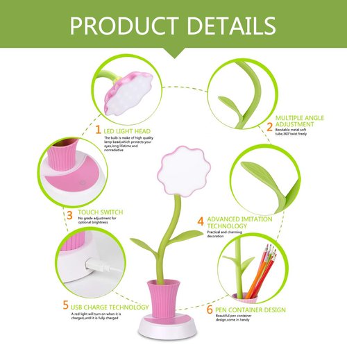 Uniwit Desk Lamp for Kids Sunflower LED Charging Table Lamp Support Eye Protection Small Desk Folding for Reading,Study and Office, Adjustable Brightness - Pink