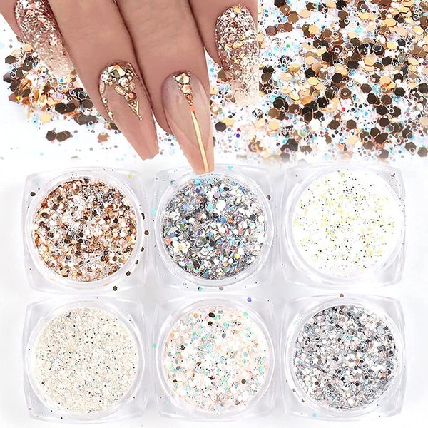 Holographic Nail Glitter Sequins,Nail Art Supplies 3D Sparkly Nail Art Flakes Hexagon Sequins Champagne Silver Manicure Tips Accessories Design Nail Powders for Acrylic Nails Art Decorations 6 Boxes