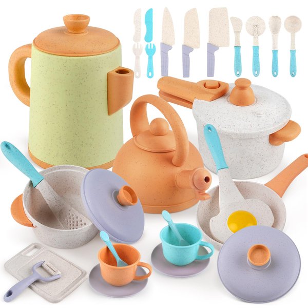 Play Kitchen Accessories, Pots and Pans Utensils Playset for Kids, Cooking Play Set Gift for Toddlers Boys and Girls