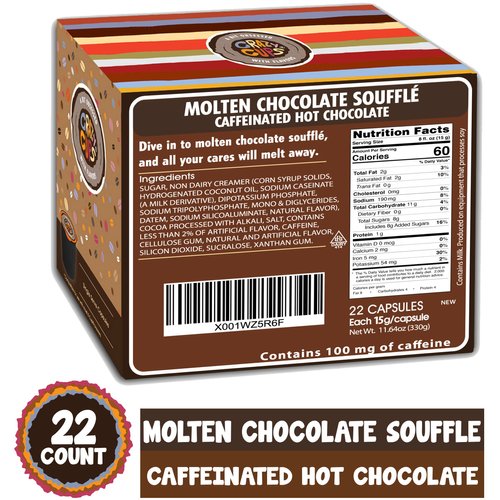 Crazy Cups Caffeinated Hot Chocolate, Molten Chocolate Souffle Pods For Keurig K Cups Machines, 100 Mg Of Caffeine Coffee Substitute Hot Cocoa Pods, 22 Count