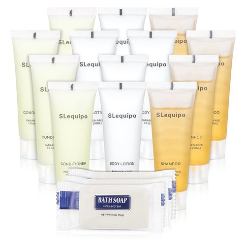 SLequipo 4-IN-1 Hotel Toiletries Bulk Set (20PCS) 4-Piece Set: 5 Hotel Bar Soap 0.5oz, 5 Hotel Shampoo, 5 Conditioner Travel Size, 5 Hotel Body Lotion - Bulk Mini Guest Amenities