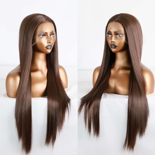 UNIQUEWIG 24" Dark Brown Long Silky Straight Synthetic Lace Front Wigs Natural Hairline Cosplay Wigs Heat Resistant Glueless Hair Replacement Daily Use