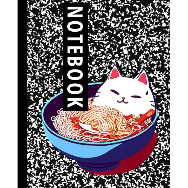 Composition Notebook: Black Marble. Kawaii Cat-Ramen Bowl | Chill Sleeping Kitty| For Cats & Ramen Lover.: 7.5" x 9.25" Inches - 120 Pages - 60 Sheets | Wide Ruled Lined Paper.