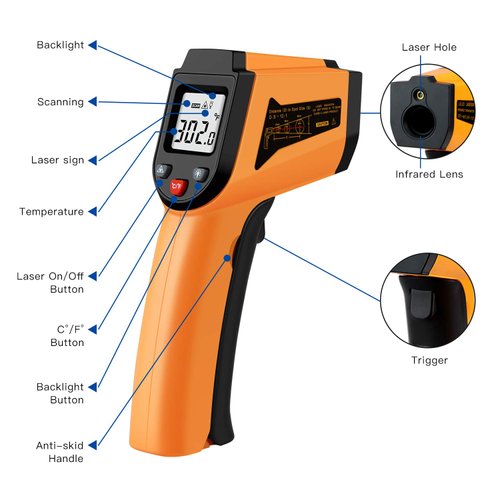 Laser Infrared Thermometer Non-Contact Digital Temperature Gun，-50°C to 400°C(-58°F to 752°F) IR Thermometer for Industrial,Kitchen Cooking,Ovens (Orange)
