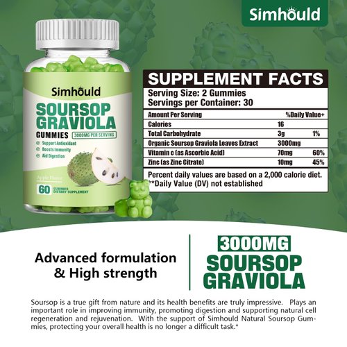 2 Pack Soursop Graviola Gummies - 3000mg Extra Strength Soursop Leaves Supplement with Vitamin C, Zinc - Digestive Aid, Immune Support & Antioxidant - Sugar-Free, Non-GMO, Vegan, 120 Counts