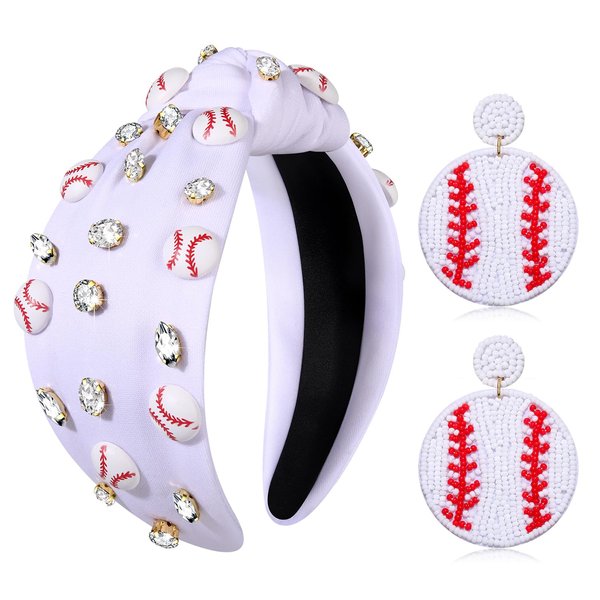 Baseball Headbands for Women Baseball Accesseories Outfits Crystal Baseball Charm Knotted Headband Game Day Wide Top Knot Headband Sports Baseball Mom Gifts (White)