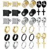 15 Pairs Earrings Set for Men and Women, Black Silver 14K Gold Plated Earrings Stud Kit for Men Women 5 Pairs of Each Fashion Ear Piercing Jewelry Cross Dangle Hoop Earrings Set (14K Gold)