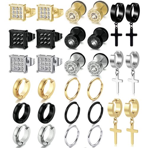 15 Pairs Earrings Set for Men and Women, Black Silver 14K Gold Plated Earrings Stud Kit for Men Women 5 Pairs of Each Fashion Ear Piercing Jewelry Cross Dangle Hoop Earrings Set (14K Gold)