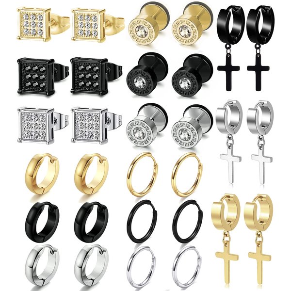 15 Pairs Earrings Set for Men and Women, Black Silver 14K Gold Plated Earrings Stud Kit for Men Women 5 Pairs of Each Fashion Ear Piercing Jewelry Cross Dangle Hoop Earrings Set (14K Gold)