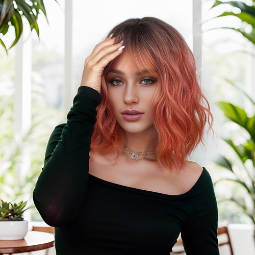 MUPUL Ombre Pink Wig Short Body Wavy Bob Wigs for Women With Bangs Shoulder Length Synthetic Cosplay Party Wig for Girls Daily Use Colorful Wigs