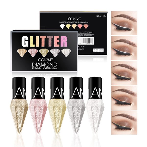 LAMUSELAND Glitter Liquid Eyeliner Set, 5 Colors/Pack Metallic Shimmer Pigment Liquid Eye Liner Pen, Diamond Waterproof Long Lasting Colorful Eyeshadow Makeup Set for Women Girls (5pcs)